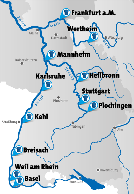 Karte der in der Arbeitsgemeinschaft Südwest organisierten Binnenhäfen